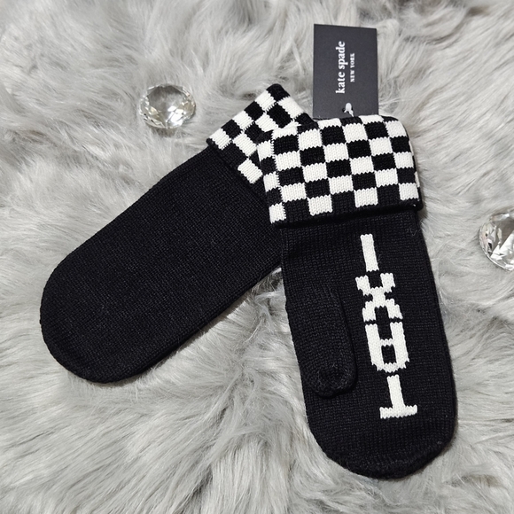 Kate Spade Mittens Black White Wool Blend Taxi Checkerboard Preppy Streetwear - Picture 2 of 3